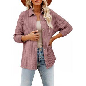Women's Long Sleeve Fushia Button Down Jacket Shirts Loose Sweater Blouses Tops